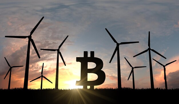 Bitcoin cryptocurrency logo silhouette with sustainable wind turbines. 3D Rendering.