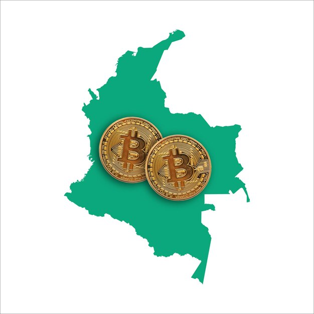 Bitcoin cryptocurrency munt op een kaart van colombia