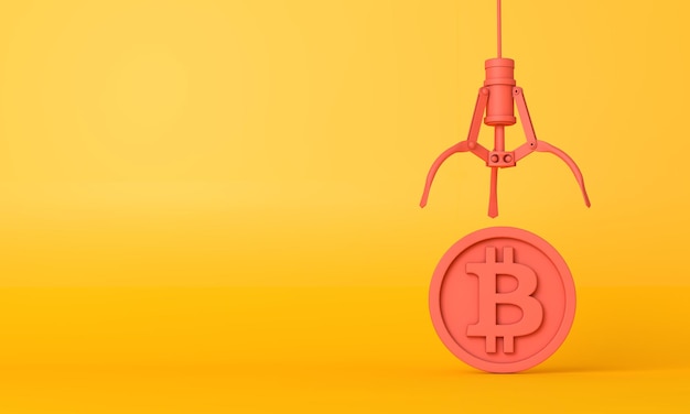 Bitcoin cryptocurrency munt wordt gegrepen door een robotachtige klauw d rendering