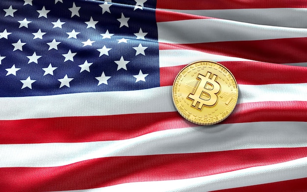 Bitcoin cryptocurrency-munten op de nationale vlag van de Verenigde Staten Virtueel geld blockchain-bedrijf