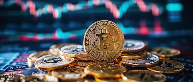 Bitcoin-cryptocurrency munten tegen handelsgrafiek