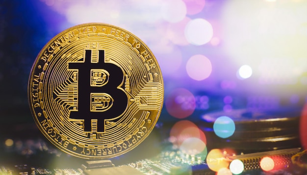 Bitcoin criptovaluta nuova versione sullo sfondo del circuito elettronico del computer denaro virtuale in criptovaluta bitcoin d'oro