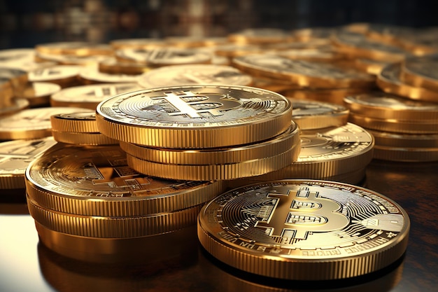 Bitcoin Cryptocurrency represented as Gold Coins Future Investing Wallpaper 3D Render