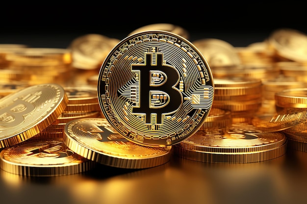 Bitcoin Cryptocurrency represented as Gold Coins Future Investing Wallpaper 3D Render