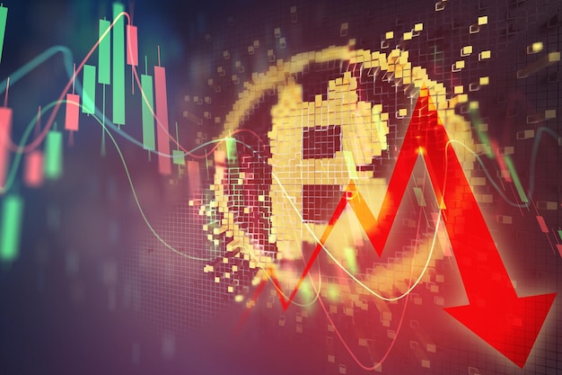 Bitcoin cryptocurrency waarde prijs val drop trading grafiek bedrijf met pijl 3d illustratie