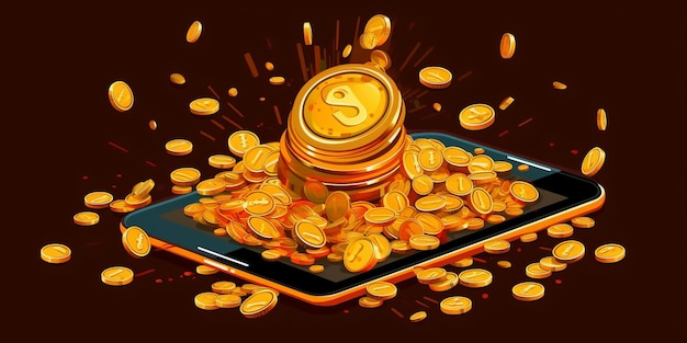 Bitcoin cryptocurrency with pile of coins come out from smartphone Vector illustration