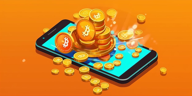 Bitcoin cryptocurrency with pile of coins come out from smartphone Vector illustration