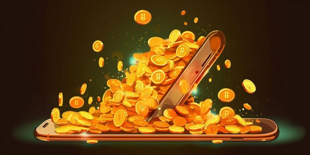 Bitcoin cryptocurrency with pile of coins come out from smartphone Vector illustration