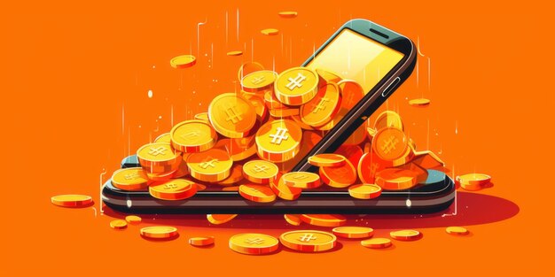 Bitcoin cryptocurrency with pile of coins come out from smartphone vector illustration