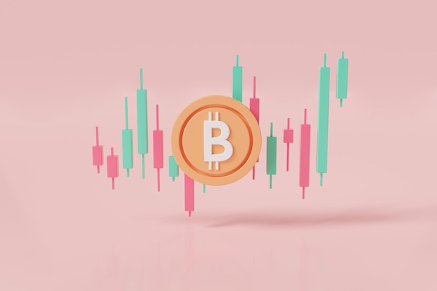 Bitcoin Cryptocurrency with red and green candlestick chart Saving money concept Bitcoin icon BTC Cryptocurrency Online trading Business financial 3d render illustration cartoon minimal style