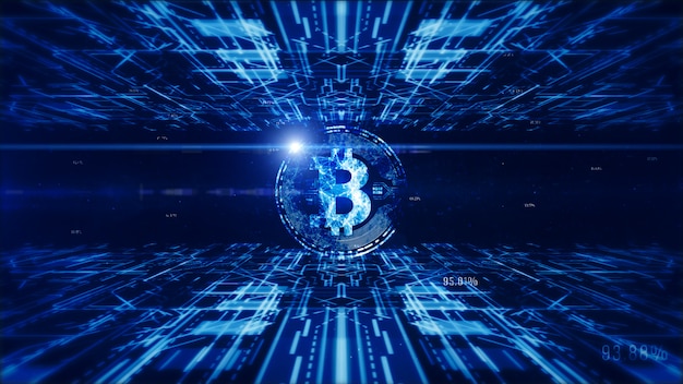 Foto la valuta di bitcoin firma dentro il cyberspace digitale, concetto di affari e della tecnologia.
