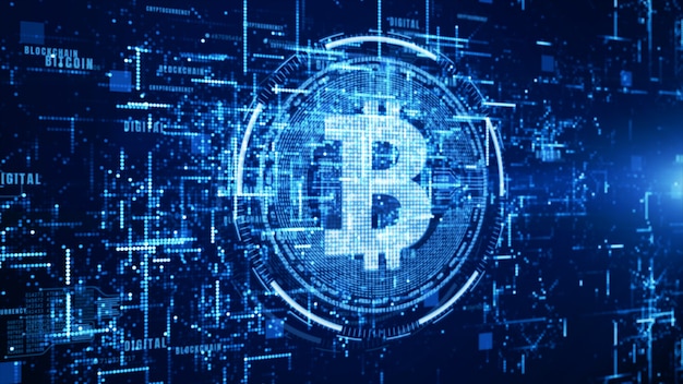 La valuta di bitcoin firma dentro cyberspazio digitale, rete per soldi del mondo