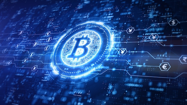 Bitcoin digitaal ontwerp met blauwe achtergrond