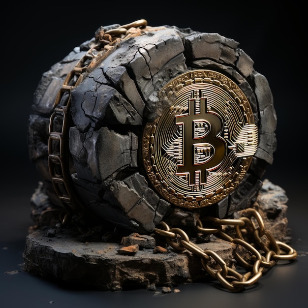 Foto monumento alla moneta digitale bitcoin estratta nella roccia