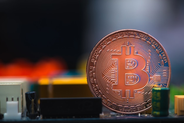 Bitcoin digital currency on motherboard