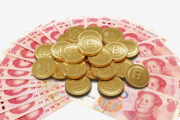 Foto bitcoin digital currency su yuan banconota rendering 3d