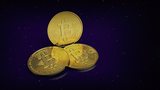 Bitcoin digitale Cryptocurrency 3D render van gouden Bitcoins op paarse achtergrond