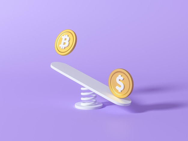 Bitcoin and dollar coins jump on a swing against the isolated background 3d render illustration