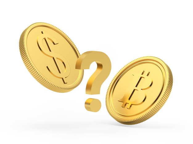 bitcoin and dollar coins with a question mark