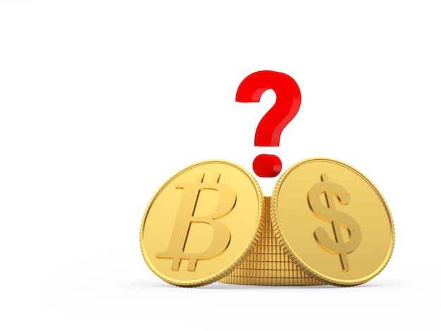 Bitcoin and dollar coins with question mark