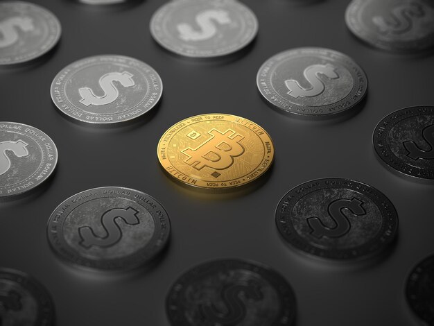 Photo bitcoin and dollars coins on black background