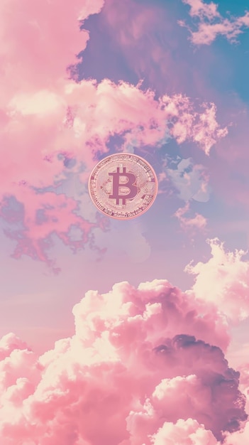 Foto bitcoin drijft in een dromerige wolkenvolle hemel met pastelkleuren.