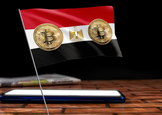 이집트의 국기에 Bitcoin 이집트입니다. 이집트 개념의 비트코인 뉴스와 법적 상황.