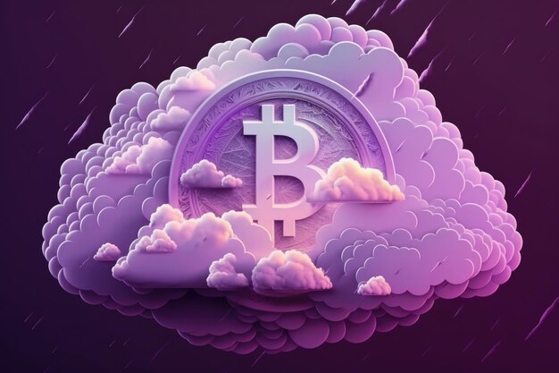 Foto il concetto di bitcoin con nuvole in un tono viola l'emblema della criptovaluta bitcoin e l'illustrazione della valuta digitale
