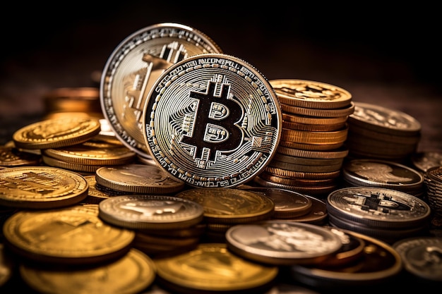 Bitcoin en andere cryptocurrency-munten gerangschikt in een creatieve en artistieke compositie
