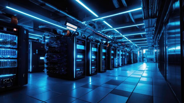 Foto bitcoin en crypto mijnbouw boerderij big data center high tech server computers aan het werk in blauwe verlichting