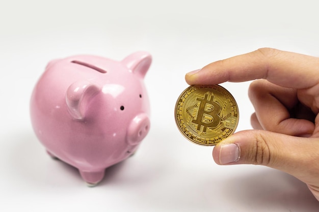 Bitcoin en roze spaarvarken