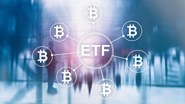 Bitcoin ETF cryptocurrency-handel en investeringsconcept op dubbele blootstellingsachtergrond