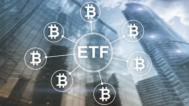 Photo bitcoin etf cryptocurrency trading and investment concept on double exposure background