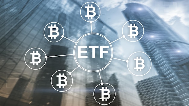 Bitcoin ETF cryptocurrency trading and investment concept on double exposure background