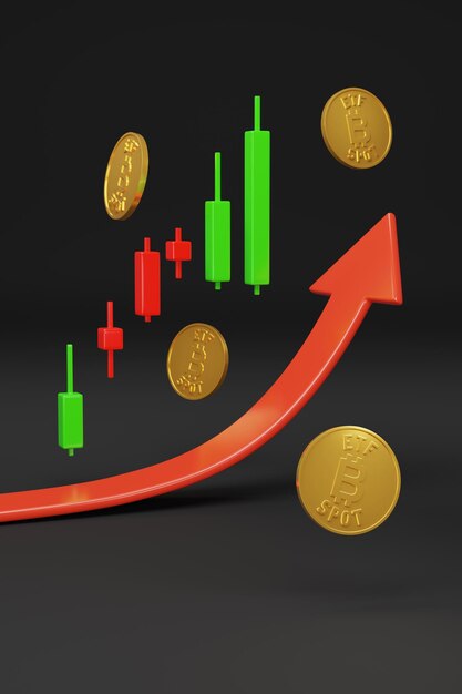 촛대 차트 및 성장 화살표 3d 그림이 포함된 Bitcoin ETF 스팟