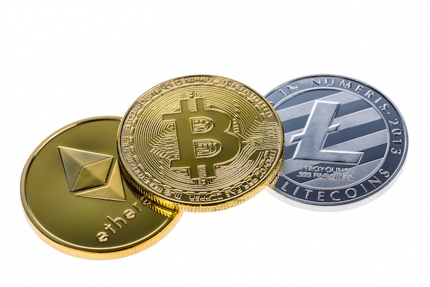 Bitcoin, ethereum and litecoin coins isolated on white