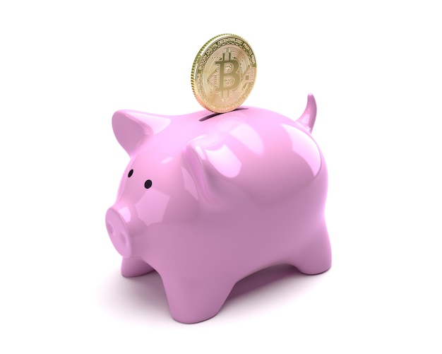 Photo bitcoin falling into pink piggy bank