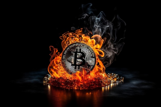 Bitcoin and fire on black background