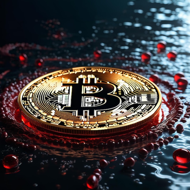 Bitcoin Floating on Water With Water Droplets Around It