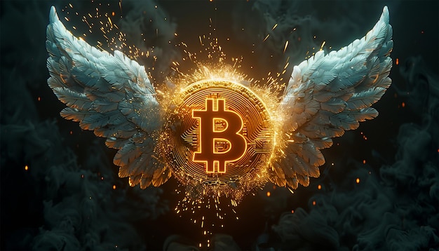 Bitcoin flying with wings Bitcoin and cryptocurrency investing concept Bitcoin cryptocurrency gold