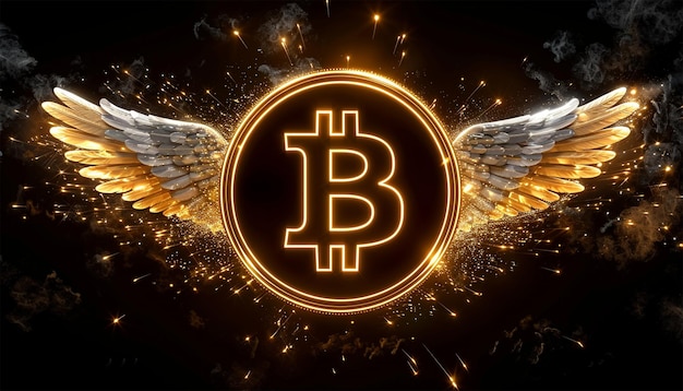 Bitcoin flying with wings Bitcoin and cryptocurrency investing concept Bitcoin cryptocurrency gold