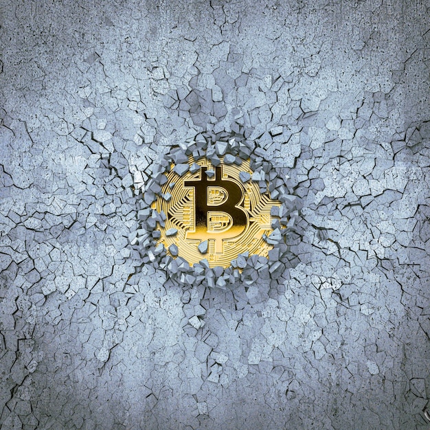 BITCOIN GOLD COIN AND BROKEN WALL 3D RENDER