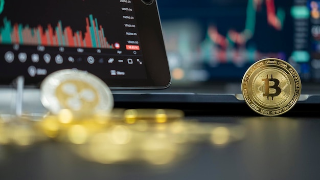 bitcoin gold coin and on chart background virtual cryptocurrency concept digital crypto currency for defi decentralized financial banking p2p exchange investment via internet online technology