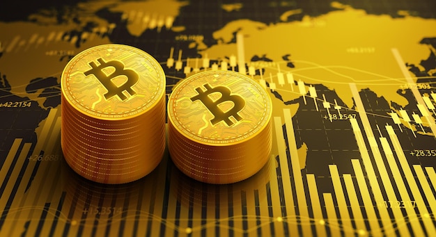 Золотая монета биткойн с графиком роста акций и фоном диаграммы. Виртуальная криптовалюта, сетевой биткойн-маркетинг и технология блокчейн. 3D иллюстрация.