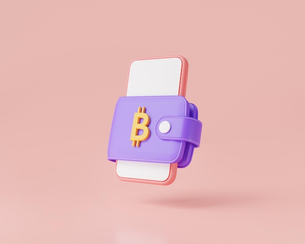 Bitcoin gold coin with wallet on mobile isolated on pink background Virtual cryptocurrency Business financial Bitcoin CryptoMobile trading money savings concept 3d icon render illustration