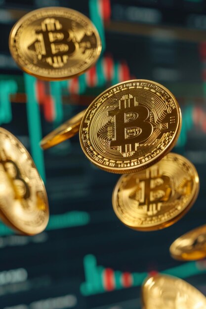 Bitcoin gold coins flying in the air on a blurred background of stock charts Realistic