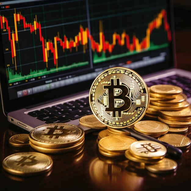 Bitcoin gold coins and trading chart on laptop desktop monitor