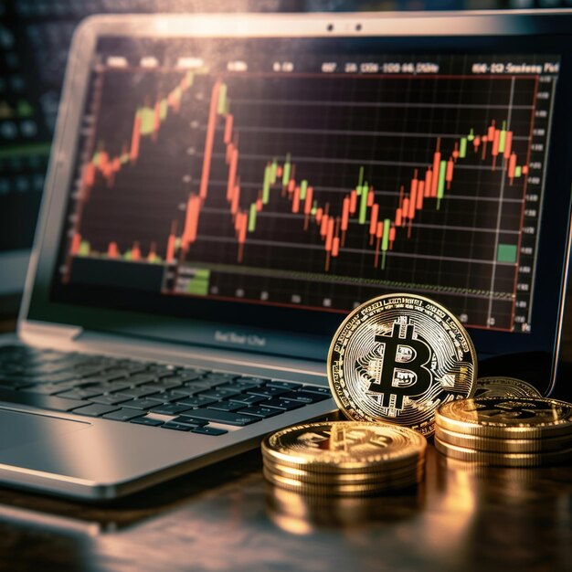 Foto monete d'oro bitcoin e grafico commerciale sul monitor desktop del computer portatile