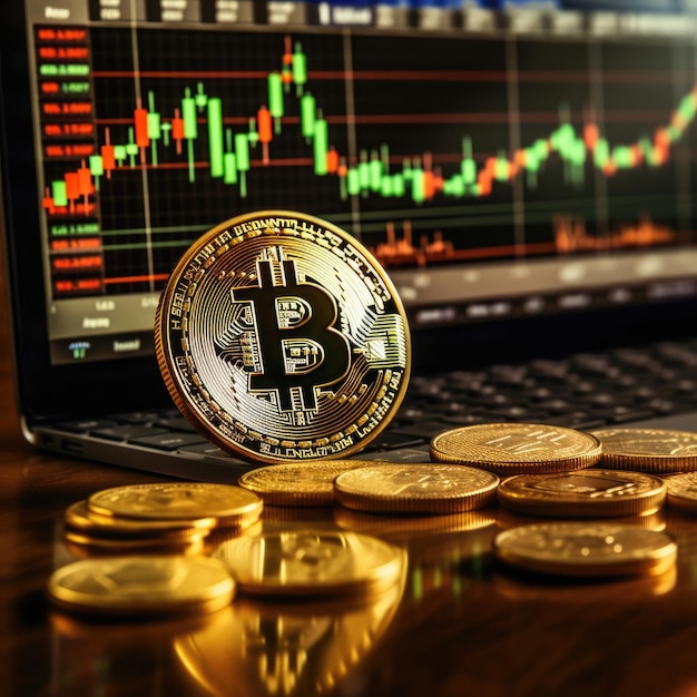 Foto monete d'oro bitcoin e grafico commerciale sul monitor desktop del computer portatile