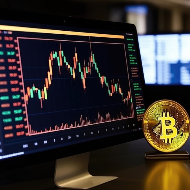 Foto monete d'oro bitcoin e grafico commerciale sul monitor desktop del computer portatile